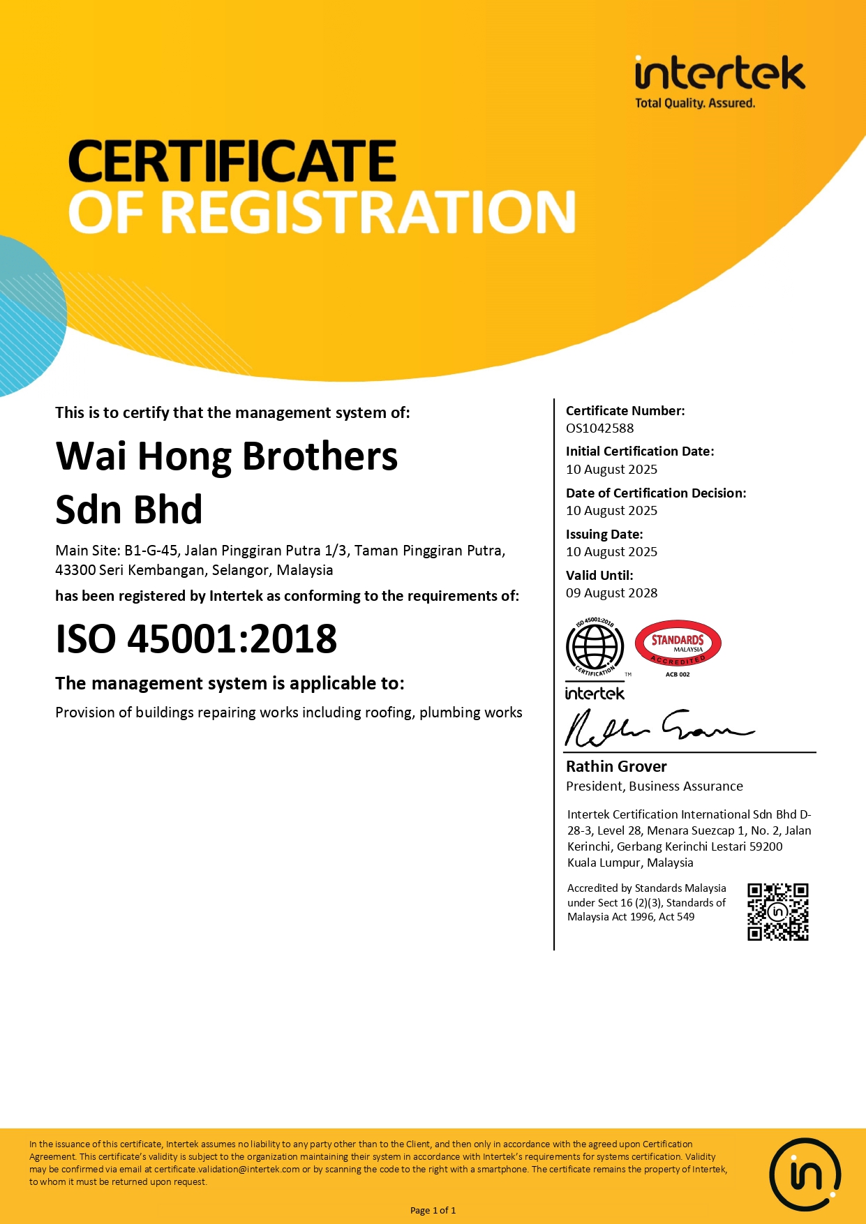 Certification ISO 450012018 Occupational Health & Safety Management System_page-0001